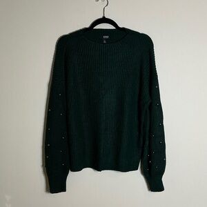 a.n.a Forest Green Crewneck Sweater with Studded Sleeves